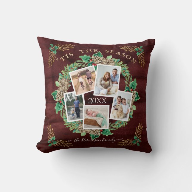 Farmhouse Family Photo Watercolor Pine Wreath Gold Cushion (Front)