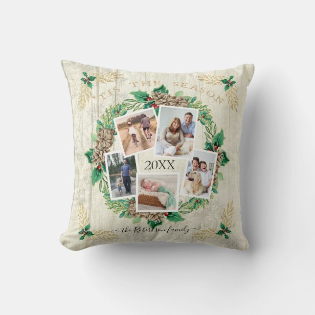 Farmhouse Family Photo Watercolor Pine Wreath Wood Cushion (Front)