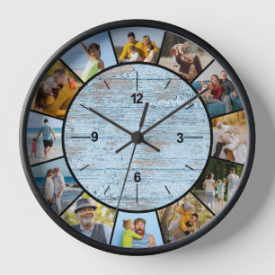 Farmhouse Faux Blue Wood Fence 12 Photo Collage   Clock