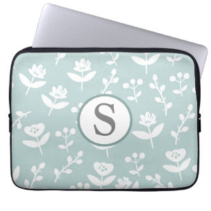 Farmhouse Floral Green Monogram Initial Laptop Sleeve