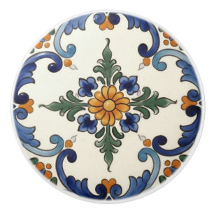 Farmhouse Folk Flower Mediterranean Blue Orange Ceramic Knob