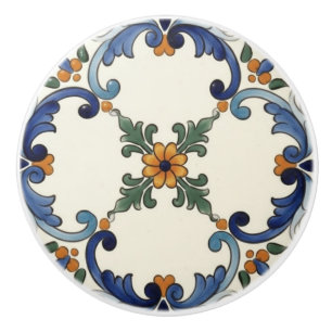 Farmhouse Folk Flower Mediterranean Blue Orange Ceramic Knob
