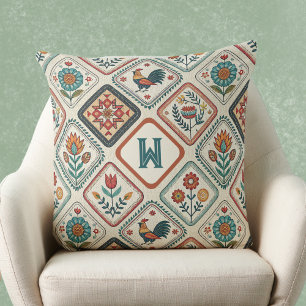 Farmhouse Folk Sage Green and Orange Monogram Cushion