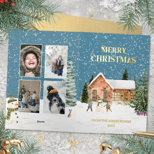 Farmhouse Four Photo Foil Snowman Children Holiday Card