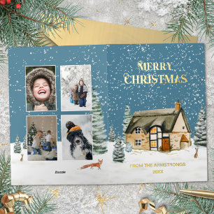 Farmhouse Four Photo Foil Winter Rabbit Holiday Card