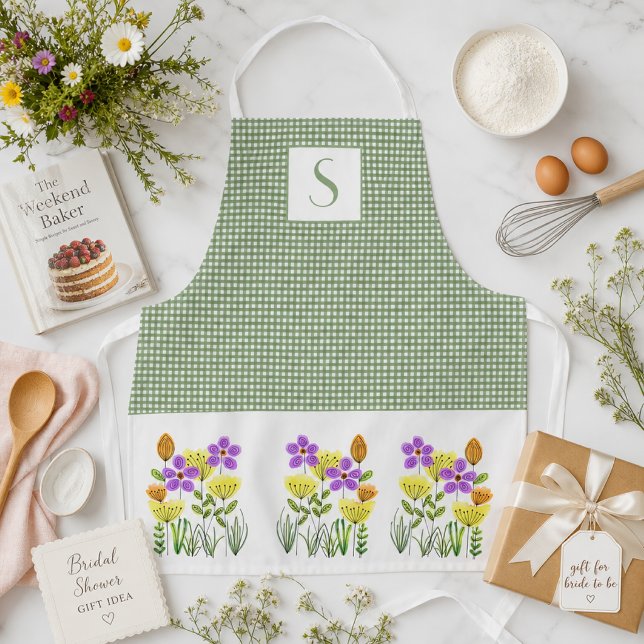 Farmhouse Green Gingham with Wildflowers Monogram  Apron (Creator Uploaded)