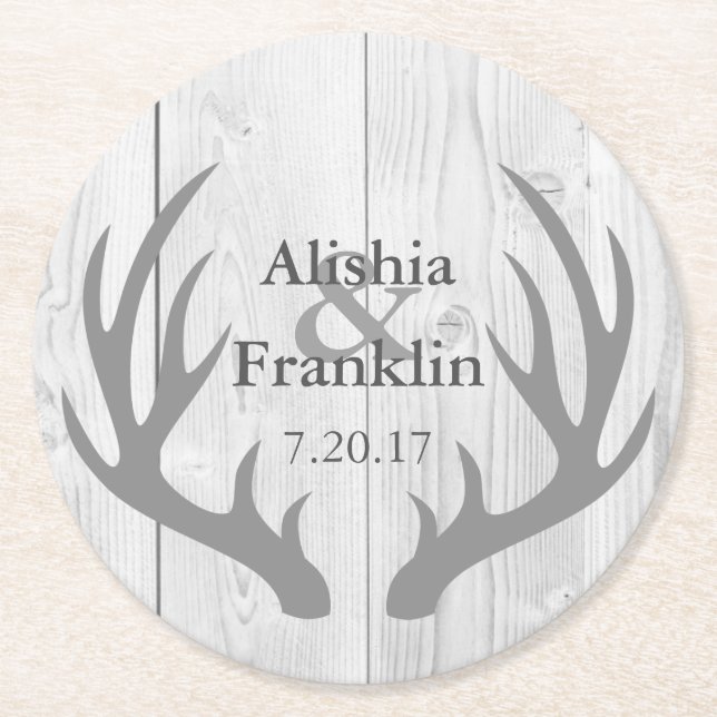 Farmhouse Grey Antlers Bride & Groom Wedding Date Round Paper Coaster (Front)