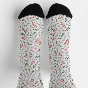 Farmhouse grey dark green red foliage pattern cute socks