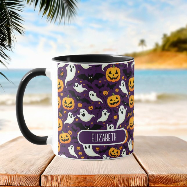 Farmhouse Halloween Bats Pumpkin Pattern Purple Mug (Farmhouse Halloween Bats Pumpkin Pattern Purple Mug)