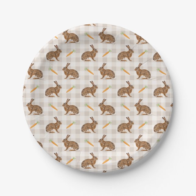 Farmhouse Hares And Carrots Rustic Beige Gingham Paper Plate (Front)