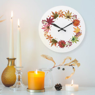 Farmhouse Harvest Fall Autumn Leaves Wreath Large Clock