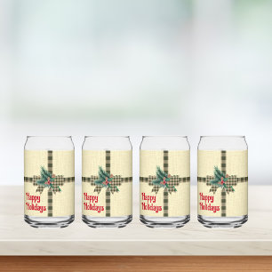 Farmhouse Holiday Plaid Bow Custom Can Glass