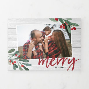 Farmhouse Holly   Multi Photo Tri-Fold Holiday Card