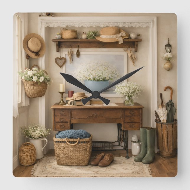 Farmhouse “Home Is Where Love Is”  Rustic Decor Square Wall Clock (Front)