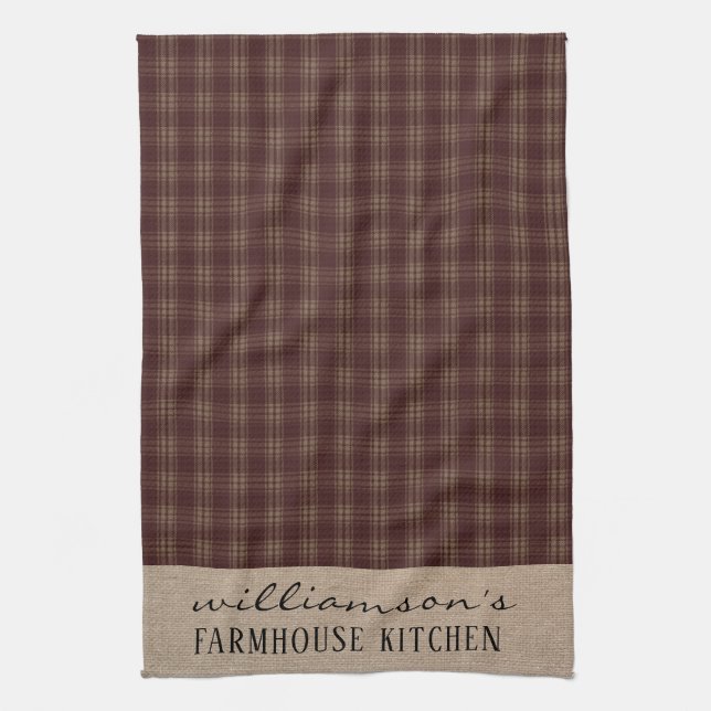 Farmhouse Homespun Plaid Family Name Tea Towel (Vertical)