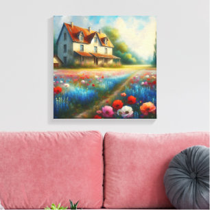 Farmhouse in a field of flowers canvas print