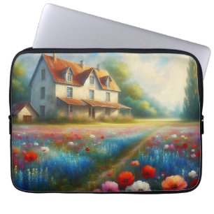 Farmhouse in a field of flowers laptop sleeve