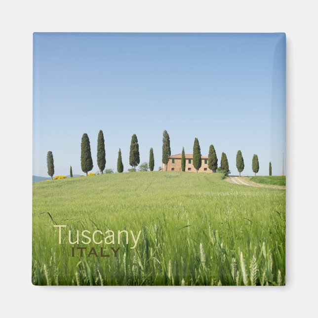 Farmhouse in Tuscany with cypresses text magnet (Front)