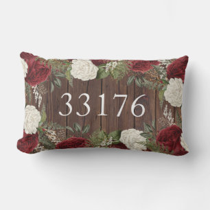 Farmhouse Just Married Roses Zip Code Outdoor Lumbar Cushion