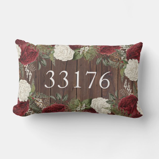 Farmhouse Just Married Roses Zip Code Outdoor Lumbar Cushion (Front)