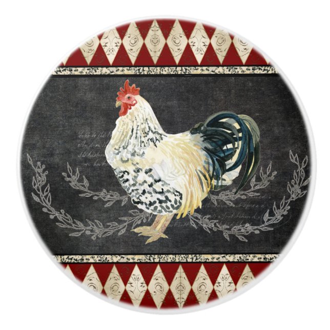 Farmhouse Kitchen Rooster Chalkboard Black n White Ceramic Knob (Front)