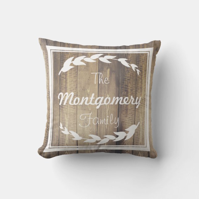 Farmhouse Laurel Sprigs Barn Wood Family Name Cushion (Front)