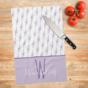 Farmhouse Lavender Flowers Custom Name Monogram Tea Towel