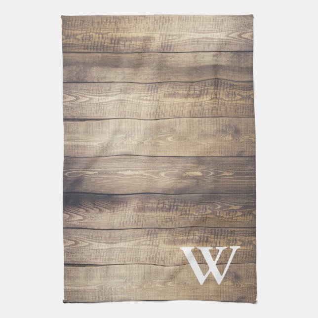 Farmhouse Light Barn Wood Planks Monogram Tea Towel (Vertical)
