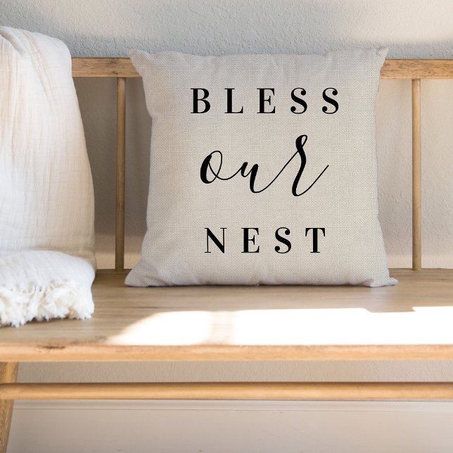 Farmhouse Linen Bless Our Nest Throw Pillow (Creator Uploaded)