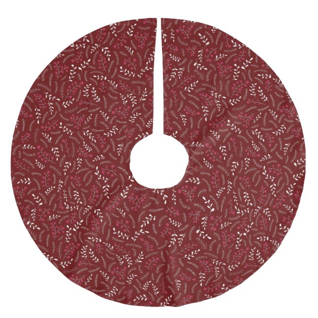 Farmhouse maroon wine rustic foliage pattern brushed polyester tree skirt (Front)