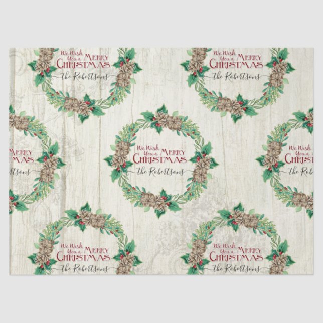 Farmhouse Merry Christmas Wreath Pine Cone Family Tissue Paper (Front)