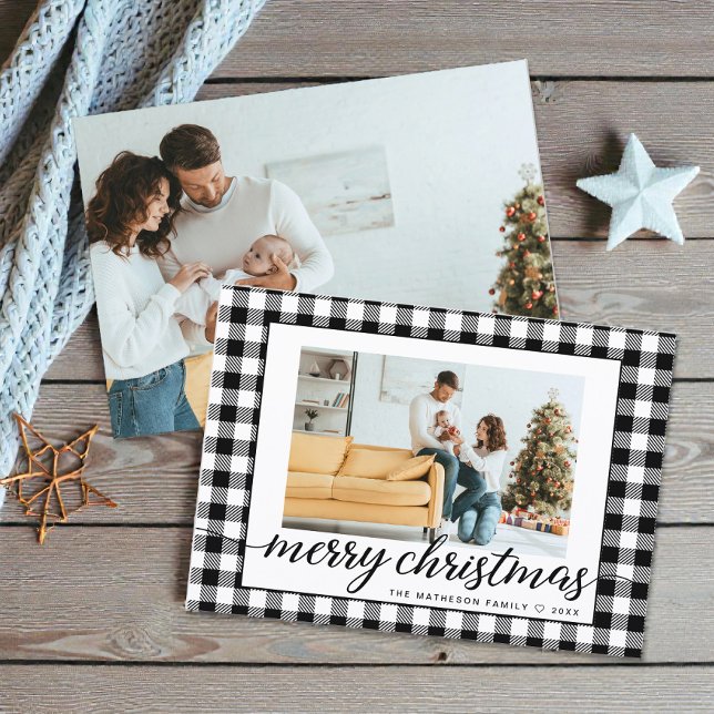 Farmhouse Modern black white Plaid Christmas Photo Holiday Card (2 photo merry christmas black and white farmhouse plaid card.)