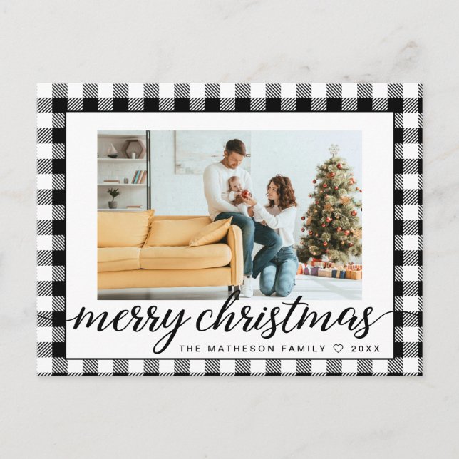 Farmhouse Modern black white Plaid Christmas Photo Holiday Postcard (Front)