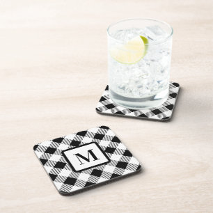 Farmhouse Monogram Black  White Buffalo Plaid Coaster