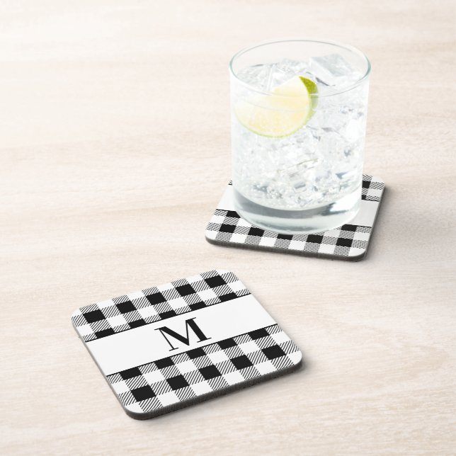 Farmhouse Monogram Black  White Buffalo Plaid Coaster (Right Side)