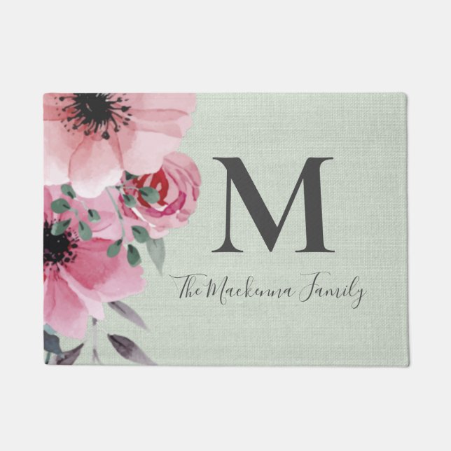 Farmhouse Monogram Personalised Burlap Sage Green Doormat (Front)