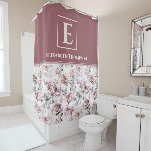 Farmhouse Monogram Pink and Purple Custom Floral Shower Curtain (In Situ)