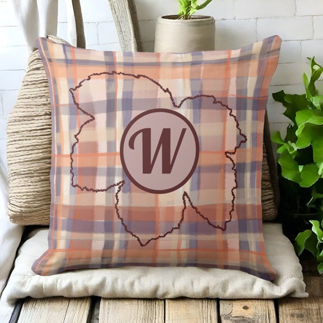 Farmhouse monogram plaid leaf orange purple cream cushion (Creator Uploaded)