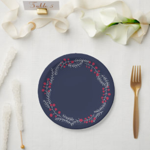 Farmhouse navy blue berries wreath border cute paper plate