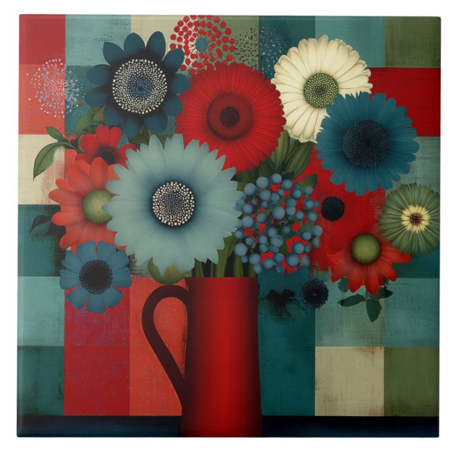 Farmhouse Patchwork Blue Berry Bouquet Tile (Front)