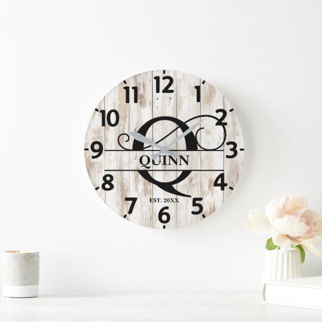 Farmhouse Peeling Wood Q Monogram Large Clock (Home)