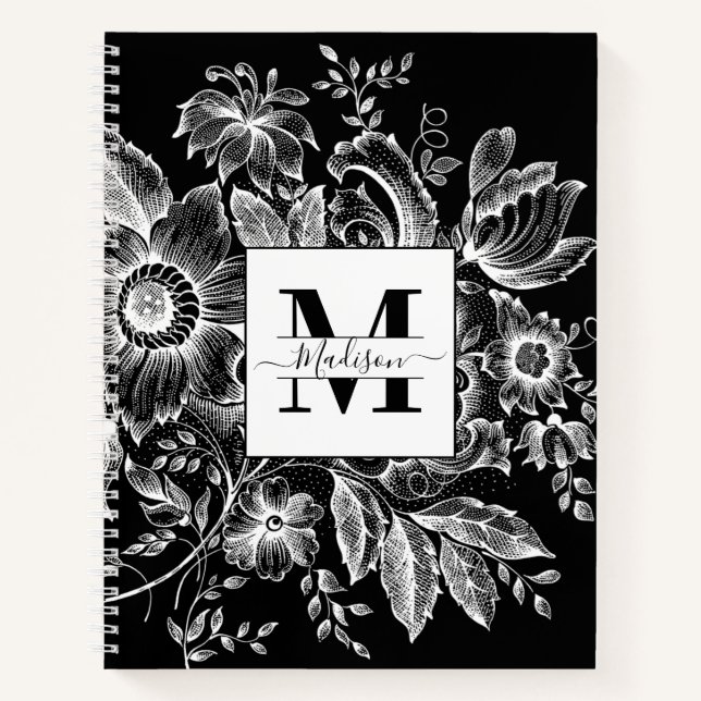 Farmhouse Peony Monogram Navy French Black Notebook (Front)