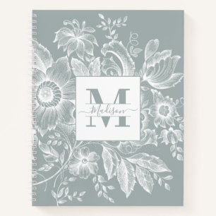 Farmhouse Peony Monogram Navy French Light Grey Notebook