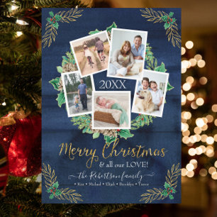 Farmhouse Photo Wreath Christmas Rustic Navy Wood Holiday Card