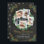 Farmhouse Photo Wreath Gold Christmas Chalkboard H Holiday Card<br><div class="desc">"Farmhouse Photo Wreath Gold Christmas Chalkboard Holiday Card." Watercolor wreath of pine cones, holly and fir greenery over a rich, distressed chalkboard background with gold glitter script, "Merry Christmas" and your family message in charming calligraphy typography. White hand drawn snowflakes on the reverse side. All art by internationally licensed artist...</div>