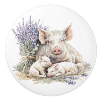 Farmhouse Pig Cabinet Family Lavender Drawer Ceramic Knob