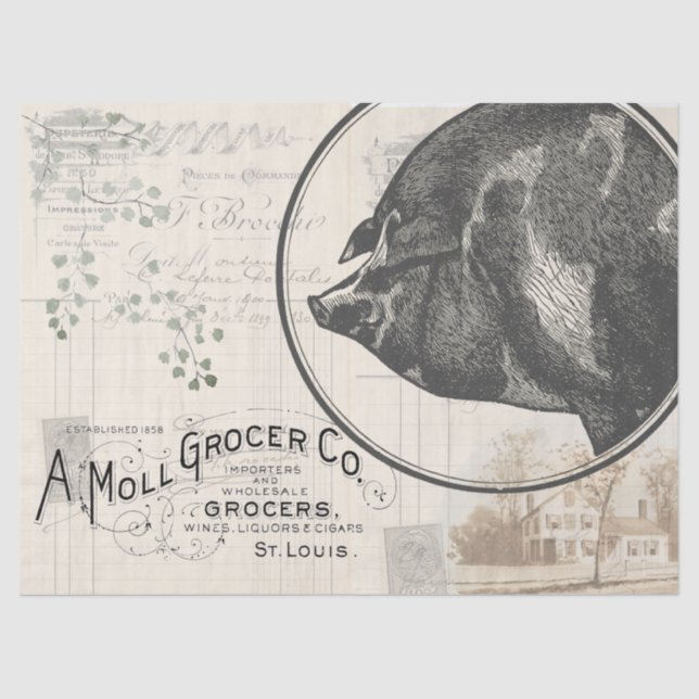 Farmhouse Pig Decoupage Tissue Paper Gift Wrap (Front)