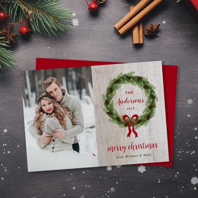 Farmhouse Pine Wreath Merry Christmas Photo Holiday Card (Creator Uploaded)