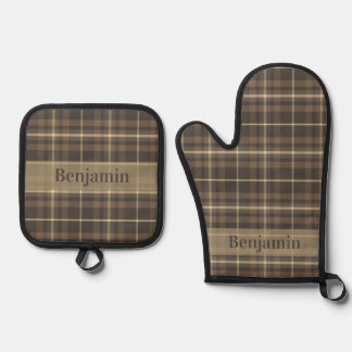  Farmhouse Plaid in Beige & Brown and Custom Name Oven Mitt & Pot Holder Set