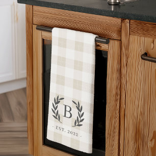Farmhouse Plaid Laurel Monogram & Year Established Tea Towel